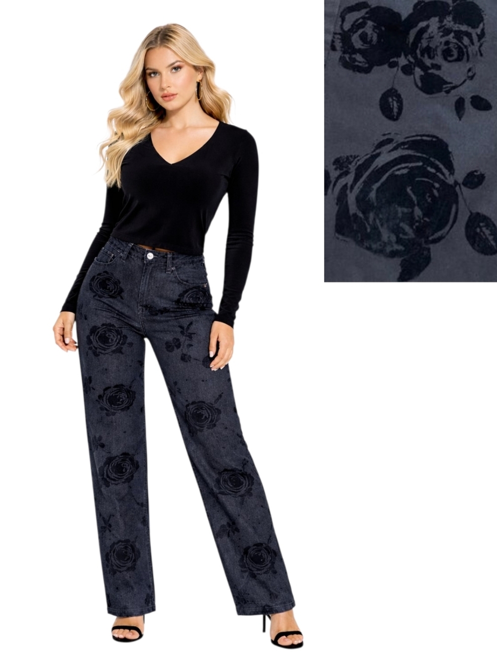 🌻 Floral Jeans By WiLD FABLE High Rise Straight Womens SIZE 4 Black Denim